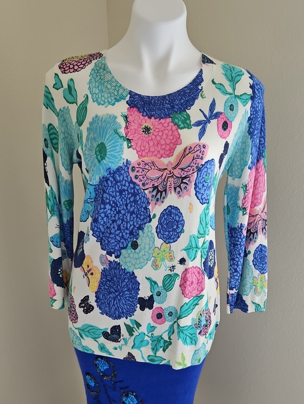 Talbots Floral & Butterfly Cotton Knit Sweater Large